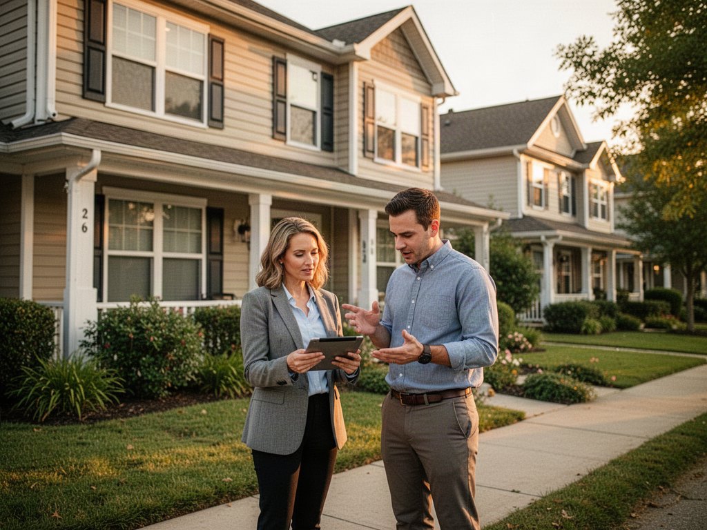 Two real estate investors reviewing rental property numbers on a tablet in front of a residential investment property